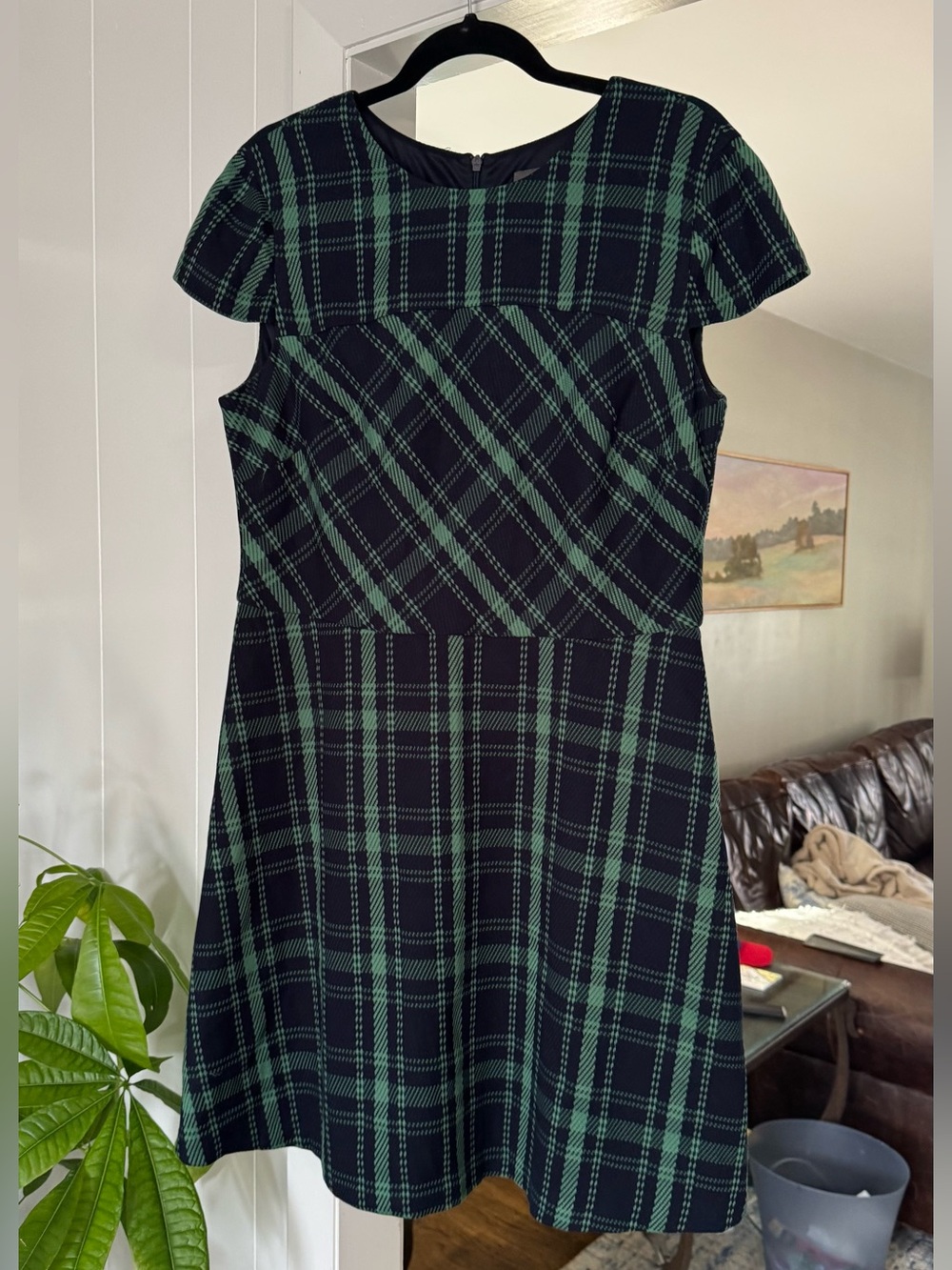Vince Camuto Navy and Green Plaid Fit-and-Flare Dress